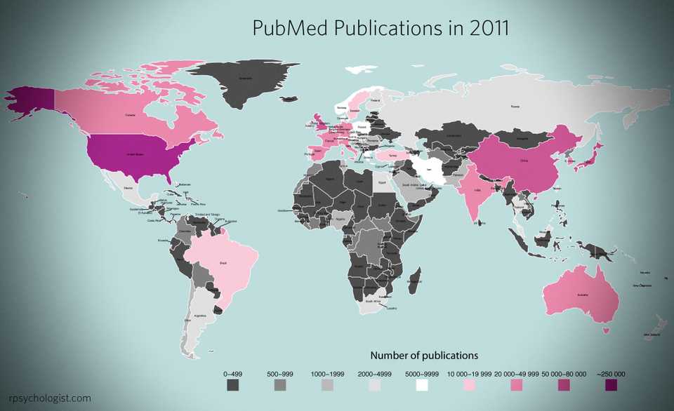 PubMed publications world map plot. By Kristoffer Magnusson