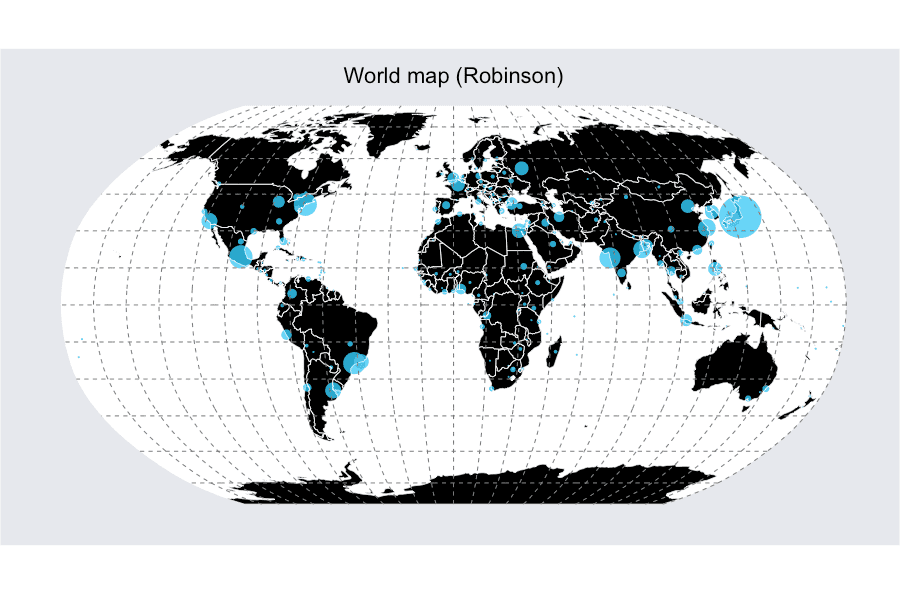 World map in ggplot using robinson projection plus bubble plot
